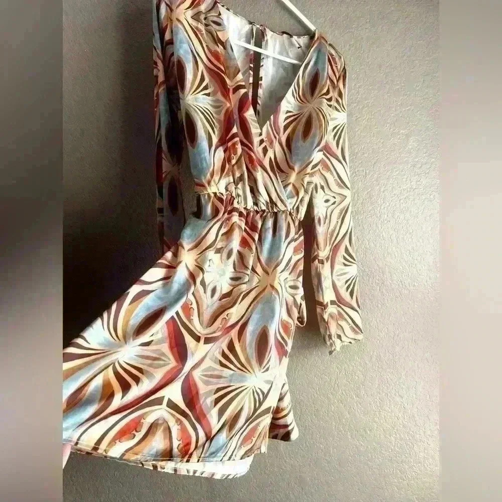 ZARA dress satin look brown beige blue mint yellow long sleeve wrap belt boho - Picture 5 of 9